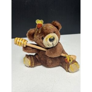 Brown Bear ORZEK PLUSH BEAR 6" TALL  WOODEN DIPPER HONEY BEES 1989 ADORABLE!